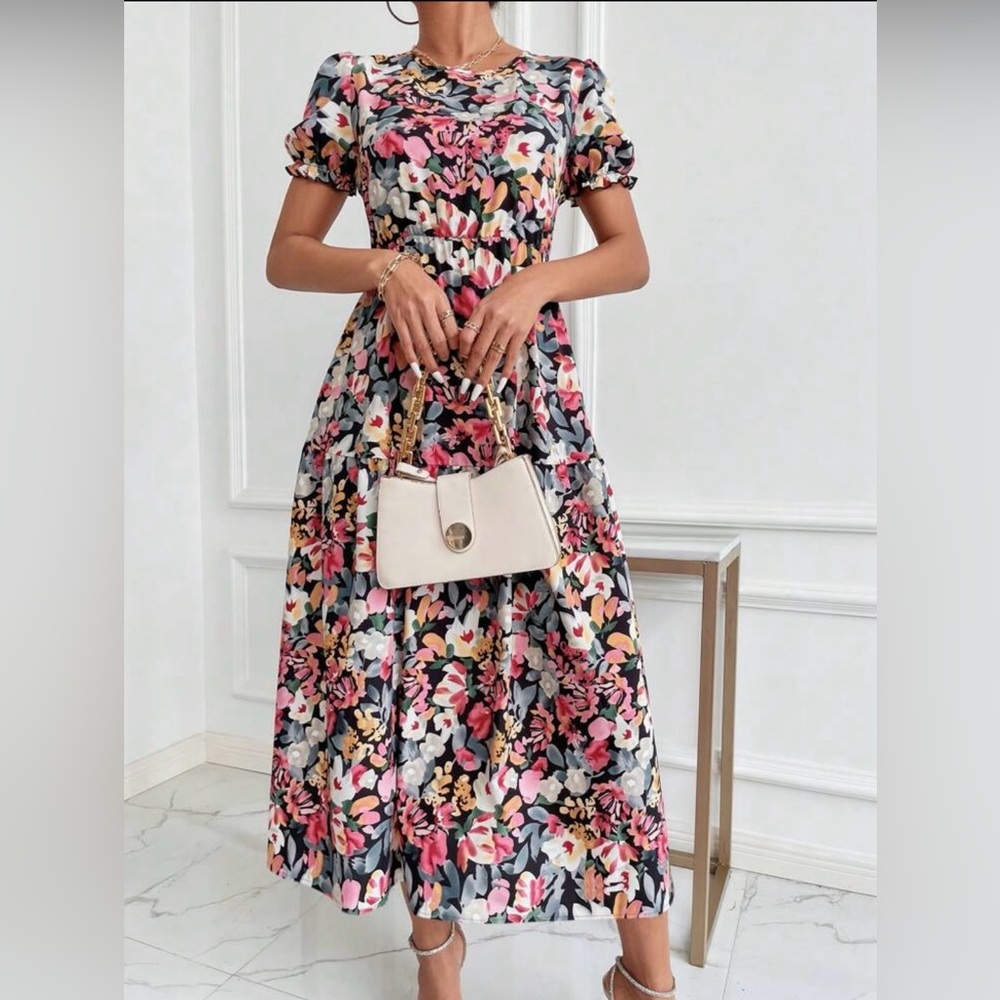 Short sleeved Multi colored floral SHEIN maxi dress, NWOT, sz L